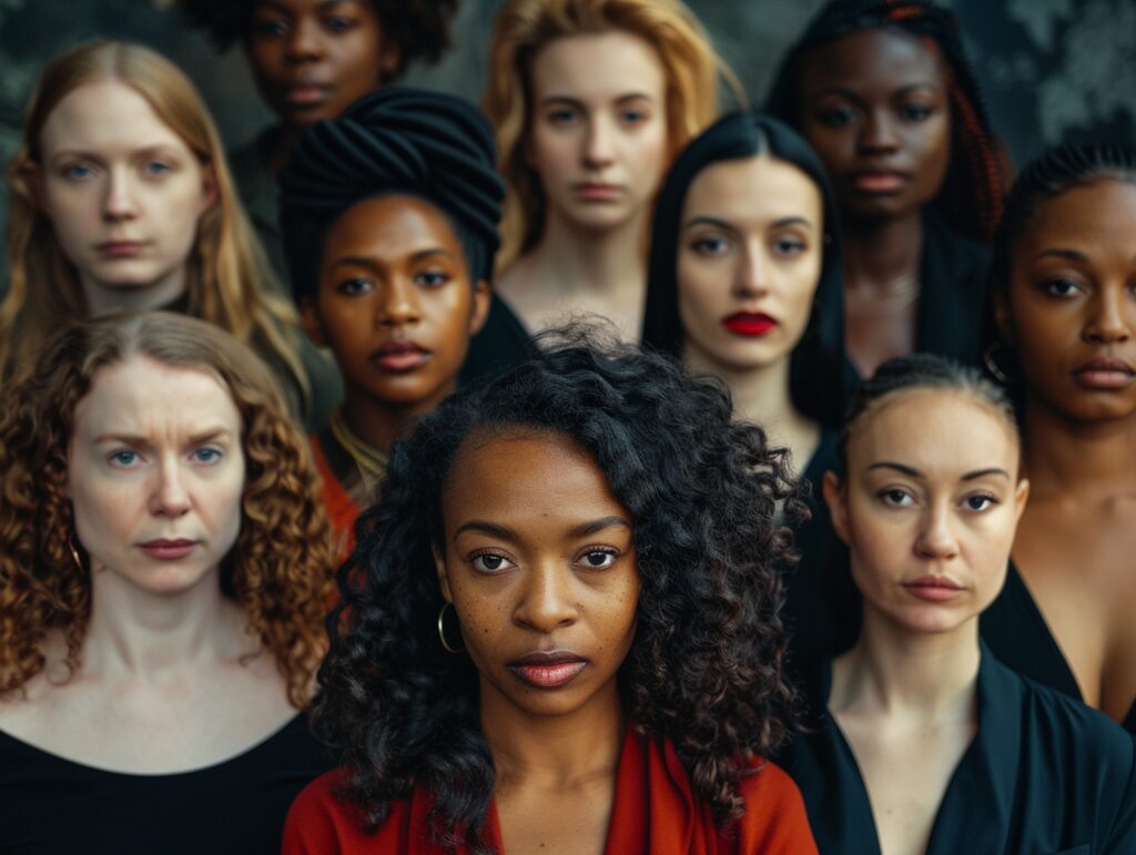 Gruppe von Frauen mit individuellen Gesichtszügen – Symbol für Einzigartigkeit jeder Frau auf dem Weg in eine erfüllte Partnerschaft.