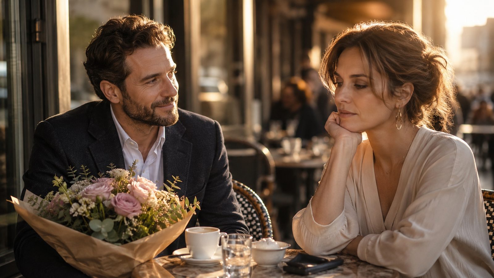 Warum ein guter Mann manchmal zu wenig auslöst Ein aufmerksamer Mann mit Blumen sitzt einer emotional zurückhaltenden Frau bei einem Date im Café gegenüber.