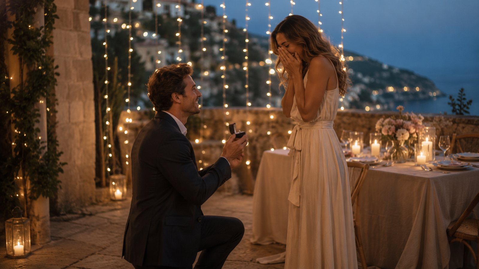Warum heiratet er die nächste so schnell? Ein Mann macht seiner Partnerin bei einem romantischen Abend am Meer einen Heiratsantrag.